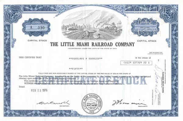 Little Miami Railroad Co. - Stock Certificate